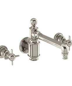 Arcade Three Hole Wall Mounted Basin Mixer - Nickel - Various Tap Head Options