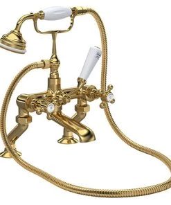 Hudson Reed Brushed Brass Topaz Crosshead Deck Mounted Bath Shower Mixer inc. Shower Kit - BC804HX