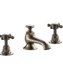 Chatsworth 1928 Antique Brass 3TH Crosshead Basin Mixer Tap + Waste