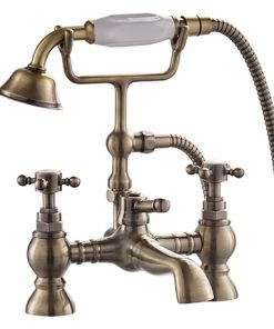 Chatsworth 1928 Antique Brass Crosshead Bath Shower Mixer Tap with Shower Kit